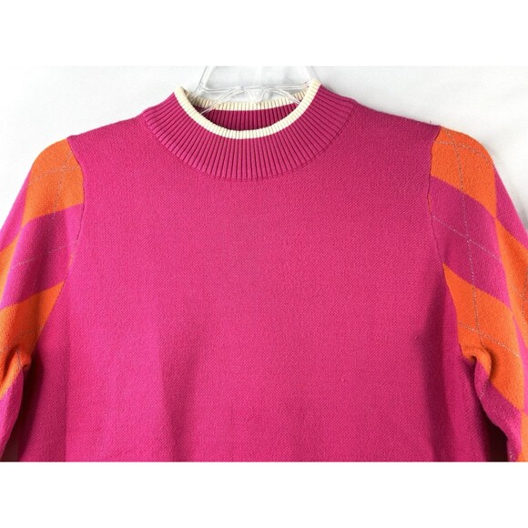 THML Women's Argyle Sweater Sz XS Pink Orange Vibrant Preppy Academia Diamond - Picture 2 of 8
